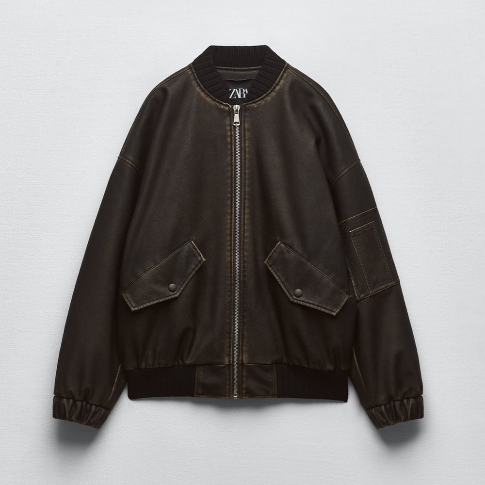 Zara Faux Leather Bomber in Brown